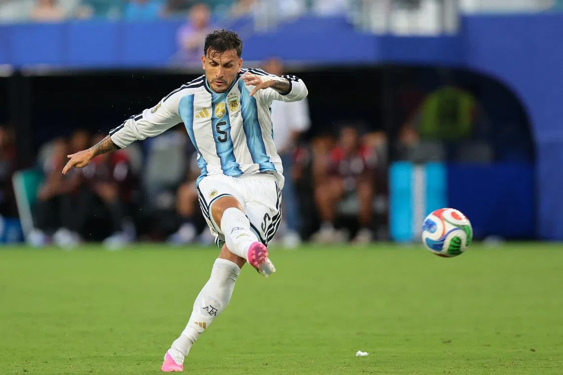 Soccer Football - FIFA World Cup 2026 - Round of 32 - Argentina v Cape Verde - Miami Stadium, Miami Gardens, Florida, U.S. - July 3, 2026 Argentina's Leandro Paredes shoots at goal IMAGN IMAGES via Reuters/Sam Navarro