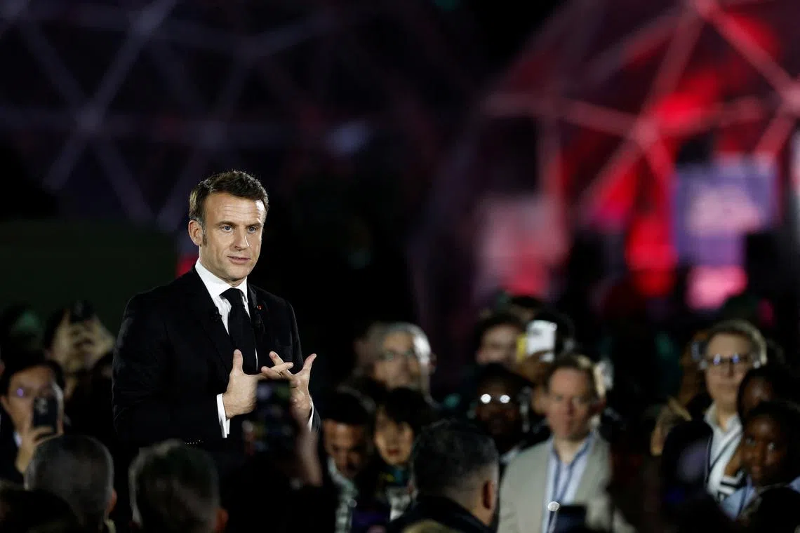 French President Emmanuel Macron delivers a speech on the first day of the Artificial Intelligence (AI) Action Summit at the Grand Palais in Paris, France, February 10, 2025. REUTERS/Benoit Tessier