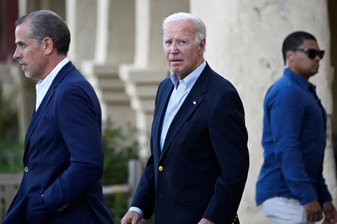 FILE PHOTO: U.S. President Joe Biden and his son Hunter Biden depart Old Mission Santa Ines Catholic Church after attending mass in Solvang, California, U.S. August 24, 2024. REUTERS/Craig Hudson/File Photo