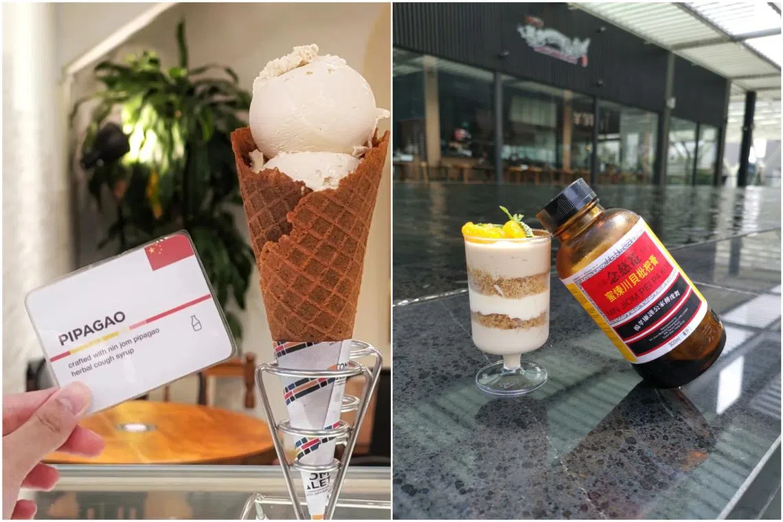 Pei Pa Koa ice cream from Tom's Palette and layered Pei Pa Koa cheesecake from Unagiya Ichinoji Dining.