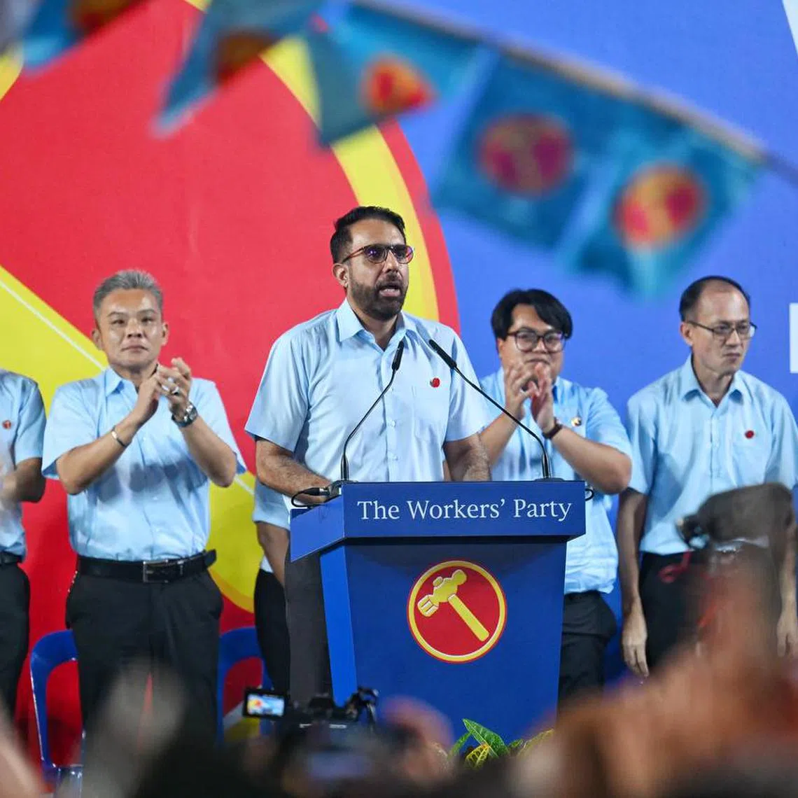 WP chief Pritam Singh speaking during the party's rally at the Bedok Stadium, on April 29.