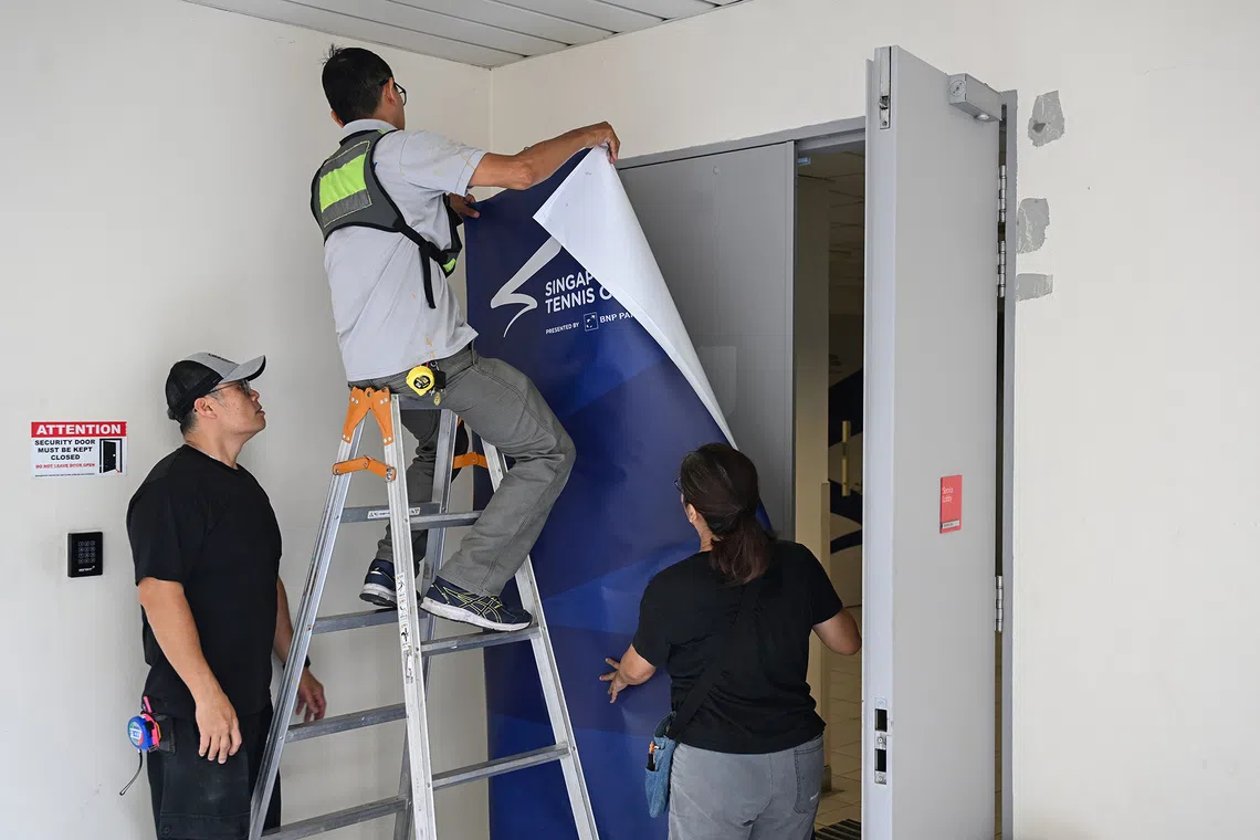 ST20260911_202692000320 Azmi Athni stpixtennis//

The WTA 500 venue set up on Sept 11, 2026.

ST PHOTO: AZMI ATHNI Preparation includes pasting the tournament decals and wallpapers throughout the event space at OCBC Arena.

ST PHOTO: AZMI ATHNI