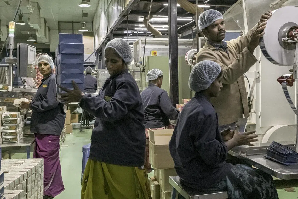 A production line at a tea manufacturer near Chennai, in Sri City, India on Dec. 20, 2022. The Ukraine war and the pandemic have pushed more corporations to use India to diversify supply chains. (Mauricio Lima/The New York Times)