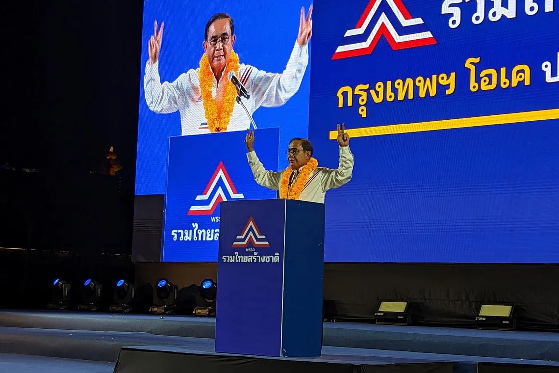 Incumbent Thai Prime Minister Prayut Chan-o-cha at rally on stage last Friday in a Bangkok park.