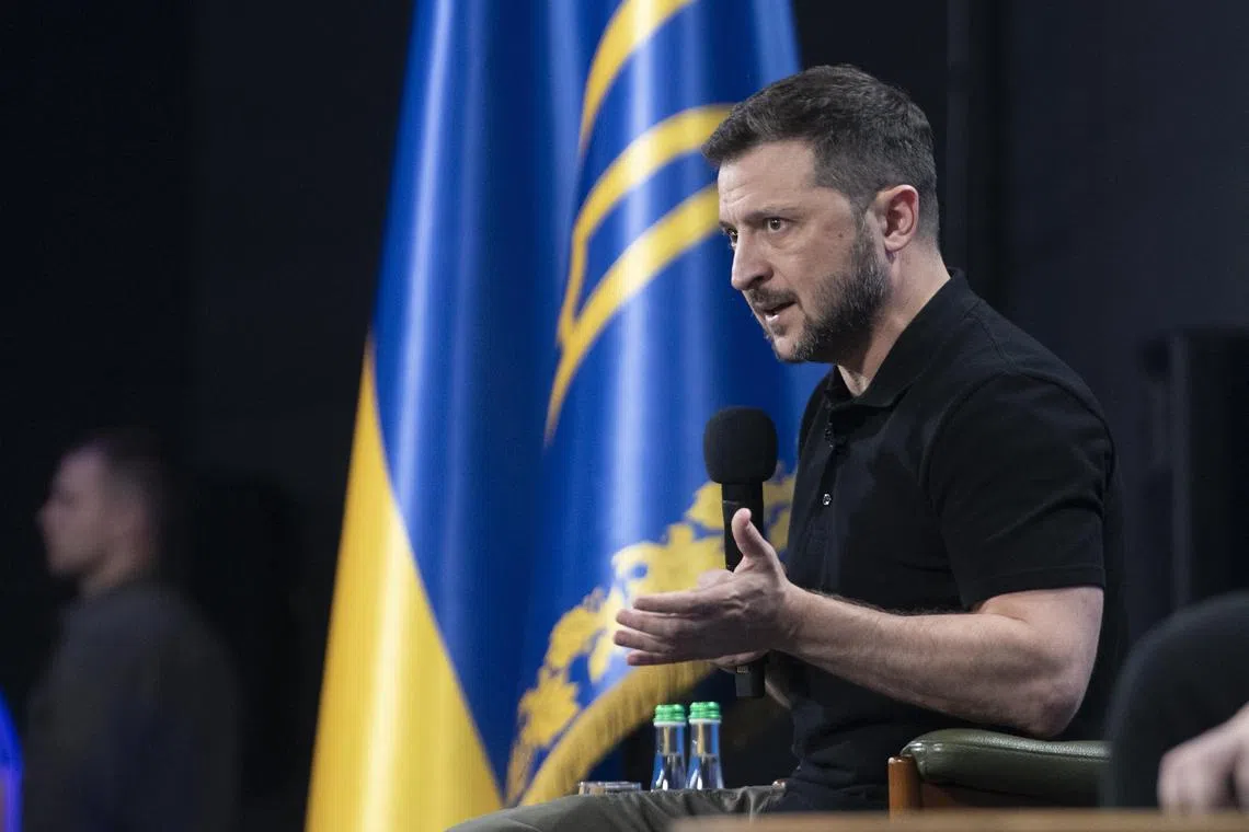 Ukrainian President Volodymyr Zelensky speaking to the media during a forum in Kyiv, on Aug 27.