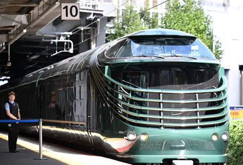 The Art Deco-style Mizukaze train arriving at Shin-Osaka Station, in Japan’s Osaka Prefecture, on Oct 22, to pick up the 16 writers.