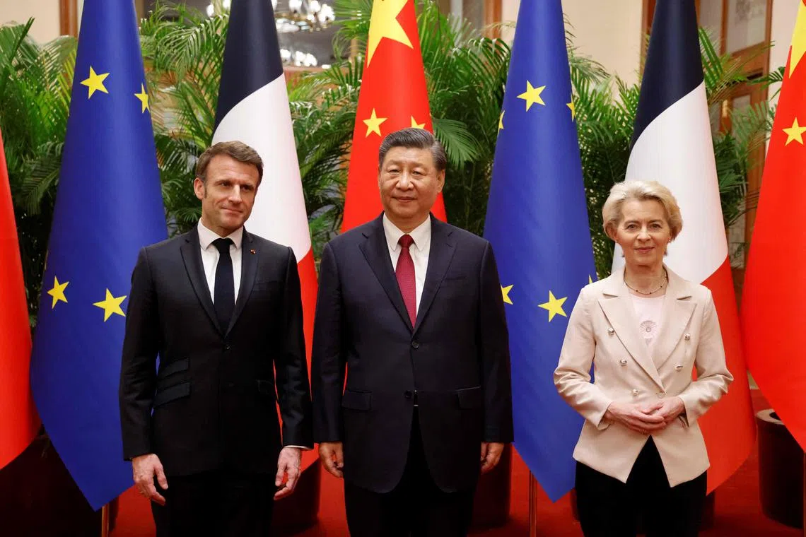 China’s President Xi Jinping (centre), French counterpart Emmanuel Macron (left) and European Commission President Ursula von de Leyen in Beijing on April 6, 2023. 