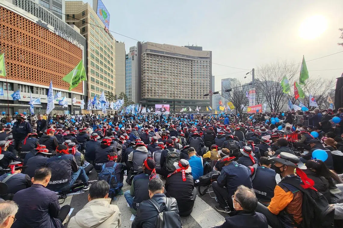 mcprotest11 - Thousands of people attending a protest calling for withdrawal of the forced labour resolution announced by the Yoon Suk-yeol government, held in front of the Seoul City Hall on March 11, 2023.