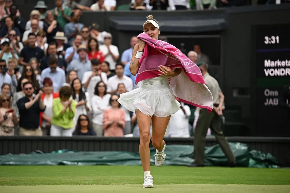 The Czech Republic's Marketa Vondrousova celebrating after winning the Wimbledon final against Tunisia’s Ons Jabeur 6-4, 6-4 on Saturday.