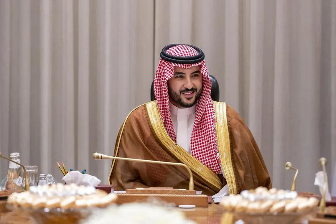 Saudi's new Defence Minister, Prince Khalid bin Salman chairs his first meeting with military officials in the Ministry of Defence in Riyadh, Saudi Arabia, September 28, 2022. Saudi Press Agency/Handout via REUTERS/File photo