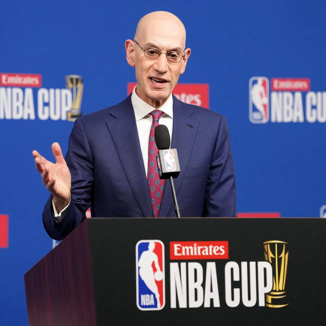 Dec 16, 2025; Las Vegas, Nevada, USA; NBA commissioner Adam Silver speaks during press conference at the Emirates NBA Cup Final at T-Mobile Arena. Mandatory Credit: Kirby Lee-Imagn Images