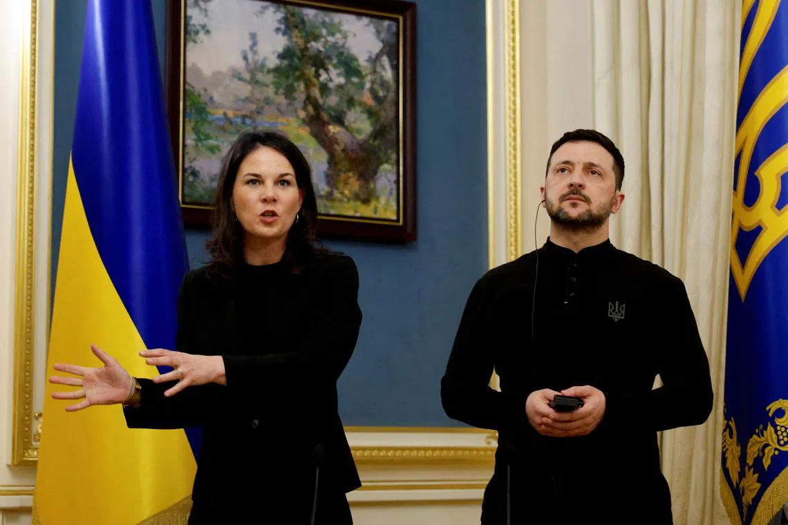 German Foreign Minister Annalena Baerbock speaking at a press briefing in Kyiv on April 4, alongside Ukrainian President Volodymyr Zelensky.   
