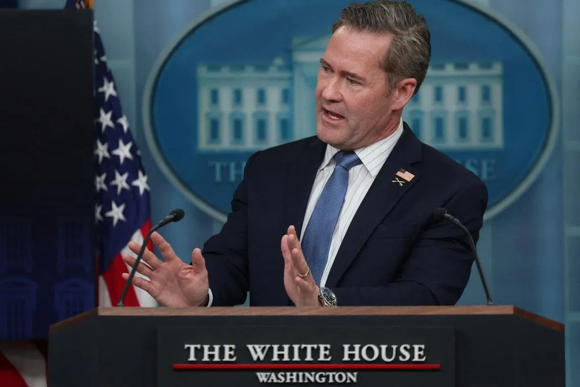 FILE PHOTO: White House National Security adviser Mike Waltz speaks to members of the media from the briefing room at the White House in Washington, D.C., U.S., February 20, 2025. REUTERS/Leah Millis/File Photo