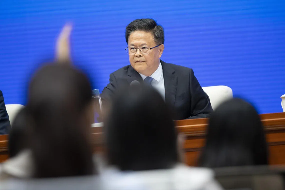 epa11648448 Chairperson of China's National Development and Reform Commission (NDRC), Zheng Shanjie, attends a press conference in Beijing, China, 08 October 2024. Shanjie, during the conference, said that economic policies adopted by China seek to expand domestic demand and stabilize the real estate market.  EPA-EFE/ANDRES MARTINEZ CASARES