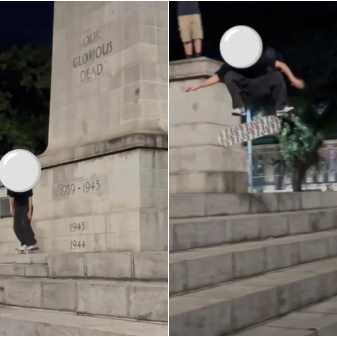 Screenshots of a social media post - which shows a man on a skateboard on the steps of the war memorial - were posted on Reddit.