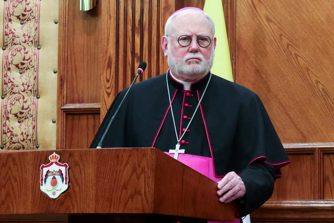 Archbishop Paul Richard Gallagher, the Vatican Secretary for Relations with States, attends a joint press conference with Jordan's Foreign Minister Ayman Safadi in Amman, Jordan March 11, 2024. REUTERS/Jehad Shelbak/File Photo