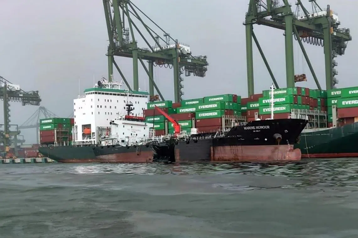 The impact created a rupture in one of the oil tanks of the Singapore-flagged bunker vessel Marine Honour on June 14.