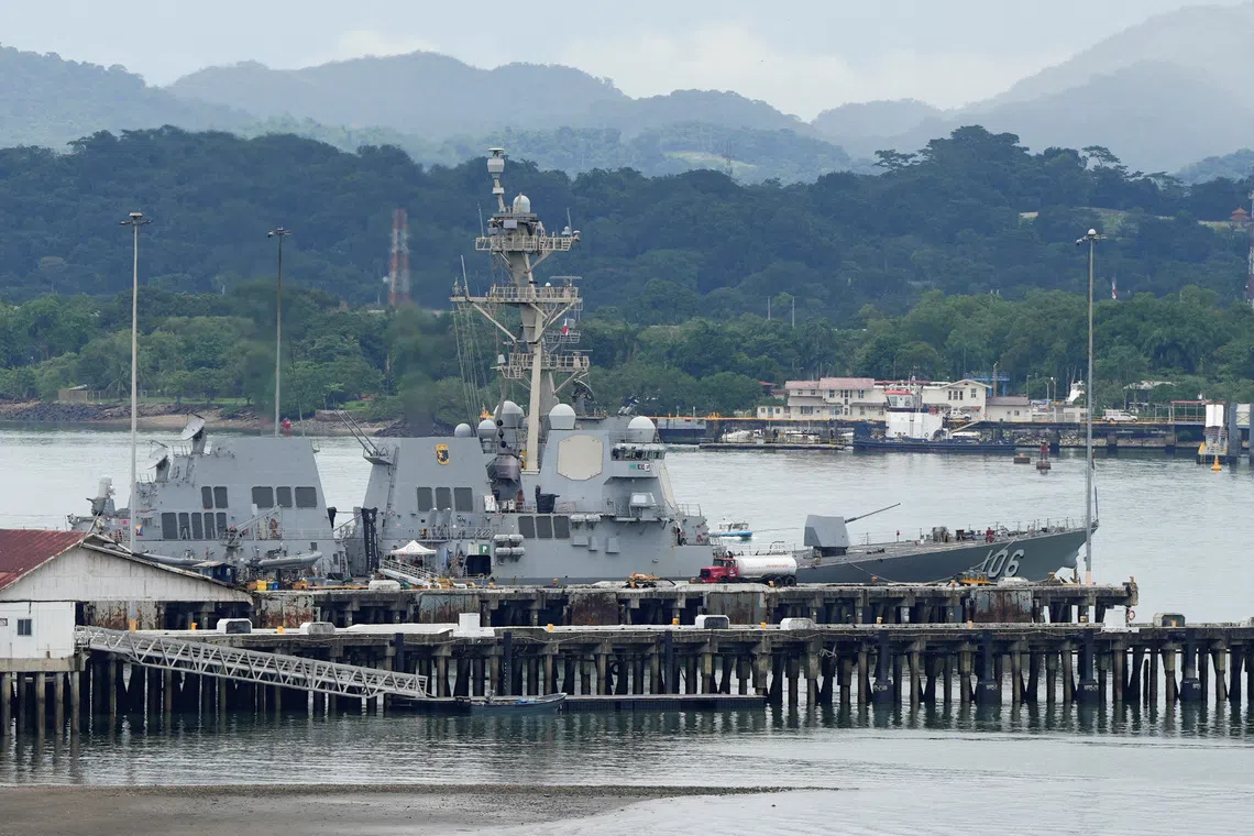 FILE PHOTO: Navy guided missile destroyer USS Stockdale DDG-106 docks at the Frigate Captain Noel Antonio Rodriguez Justavino Naval Base near the entrance to the Panama Canal, in Panama City, Panama, September 21, 2025. REUTERS/Enea Lebrun/File Photo