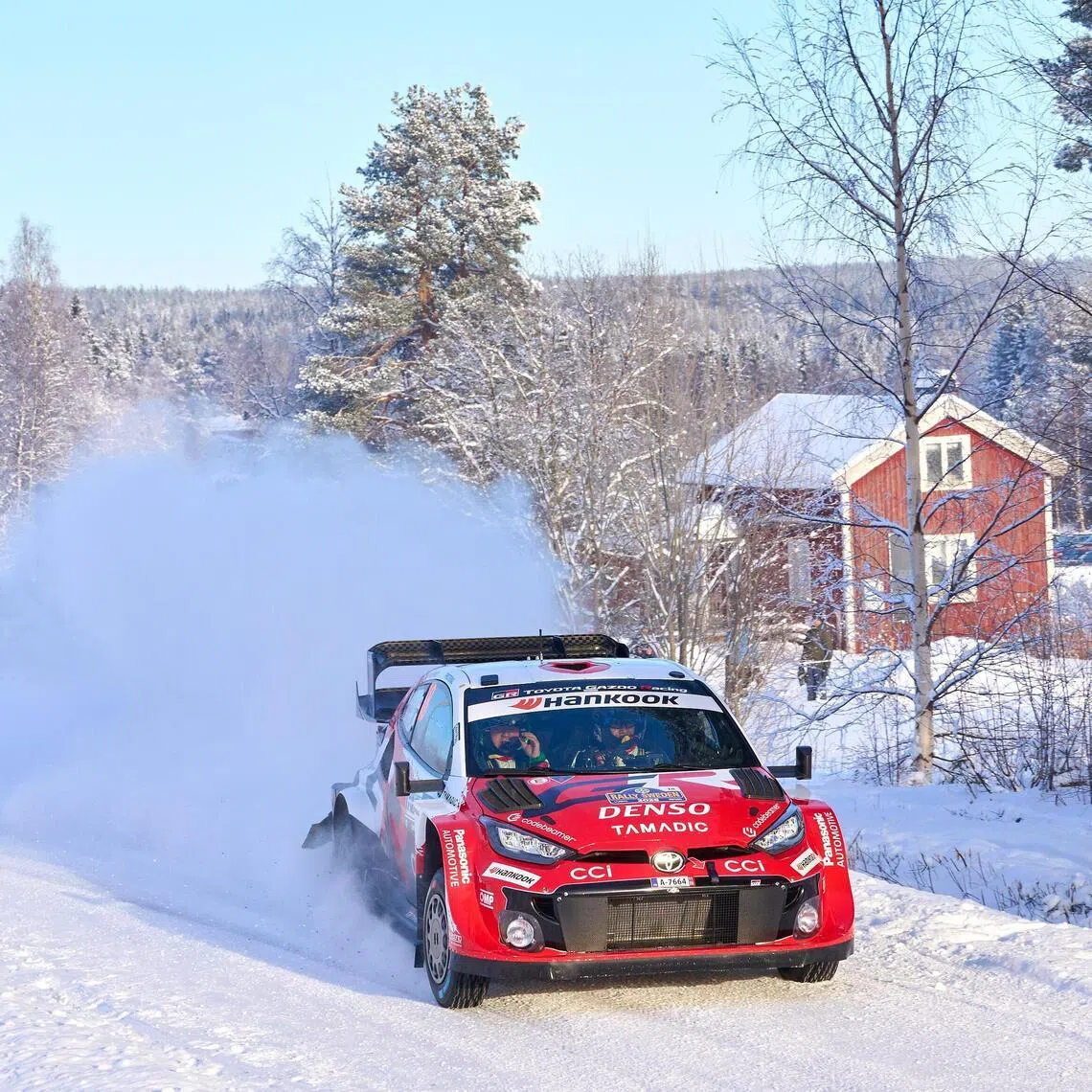 Japanese Takamoto Katsuta and Irish co-driver Aaron Johnston in their Toyota GR Yaris Rally1 during Rally Sweden, round two of the FIA World Rally Championship, in Umea on Feb 13, 2026.