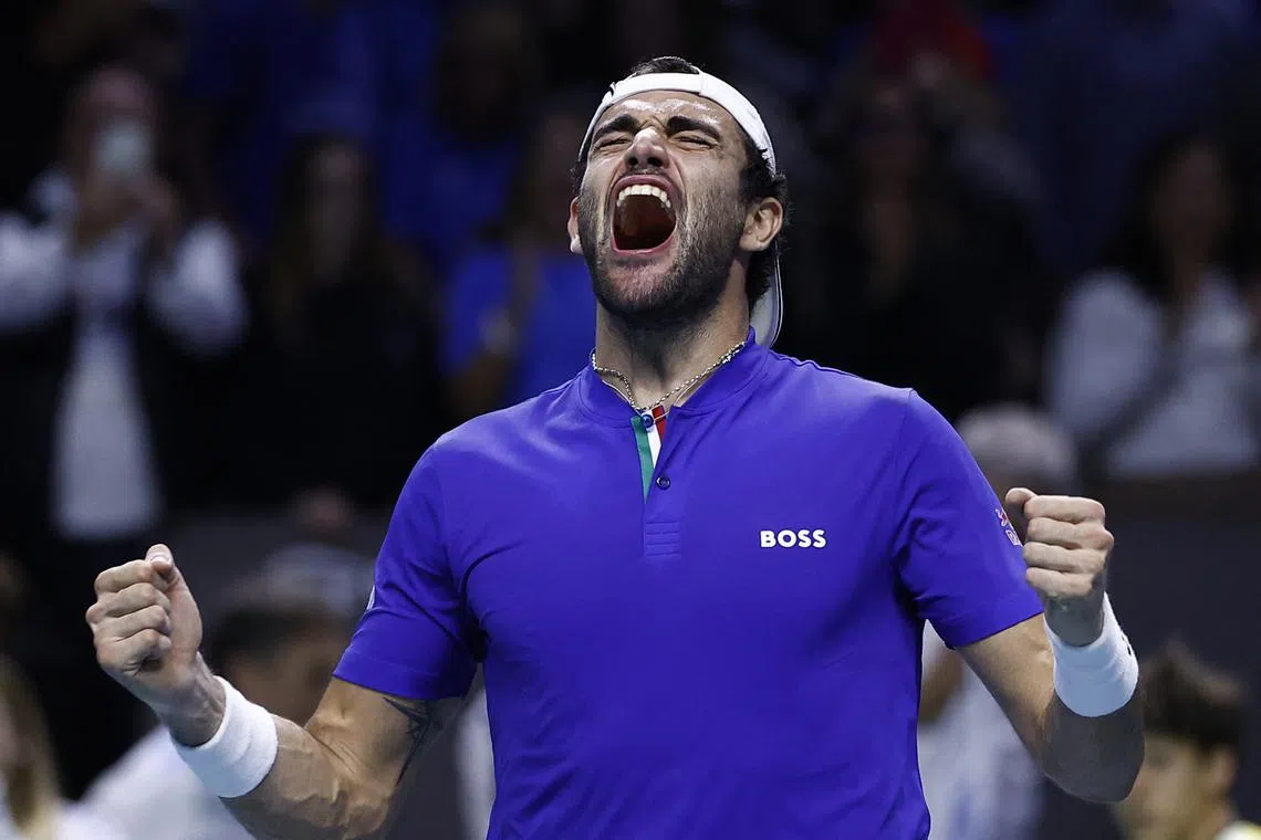 Tennis - Davis Cup Finals - Final - Italy v Netherlands - Palacio de Deportes Jose Maria Martin Carpena Arena, Malaga, Spain - November 24, 2024   Italy's Matteo Berrettini celebrates after winning his singles match against Netherlands' Botic Van De Zandschulp REUTERS/Juan Medina/File Photo