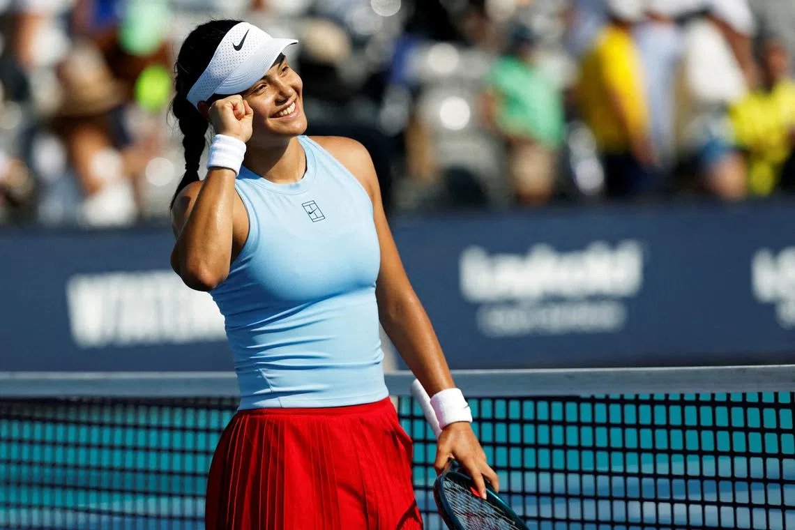 FILE PHOTO: Mar 24, 2025; Miami, FL, USA; Emma Raducanu (GBR) celebrates after her match against Amanda Anisimova (USA)(not pictured) on day seven of the Miami Open at Hard Rock Stadium. Mandatory Credit: Geoff Burke-Imagn Images/File Photo