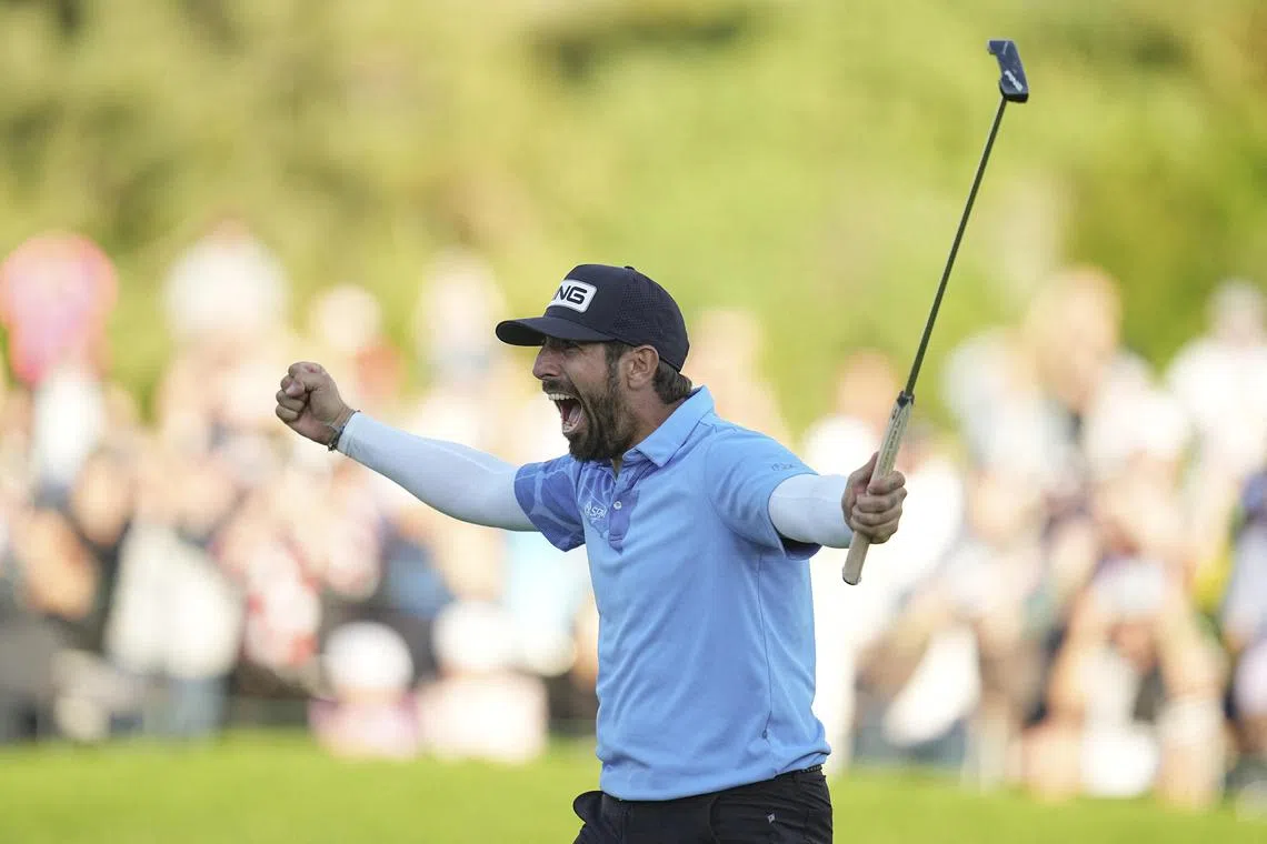 Winner Matthieu Pavon of France celebrating on the 18th green after the final round of the Farmers Insurance Open golf tournament at Torrey Pines Municipal Golf Course in San Diego on Jan 27.