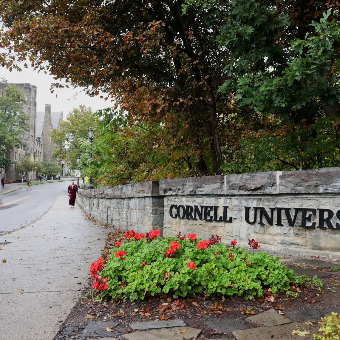 FILE PHOTO: A student walks by a sign at the entrance of Cornell University in Ithaca, New York, US, October 1, 2026. REUTERS/Lauren Petracca/File Photo