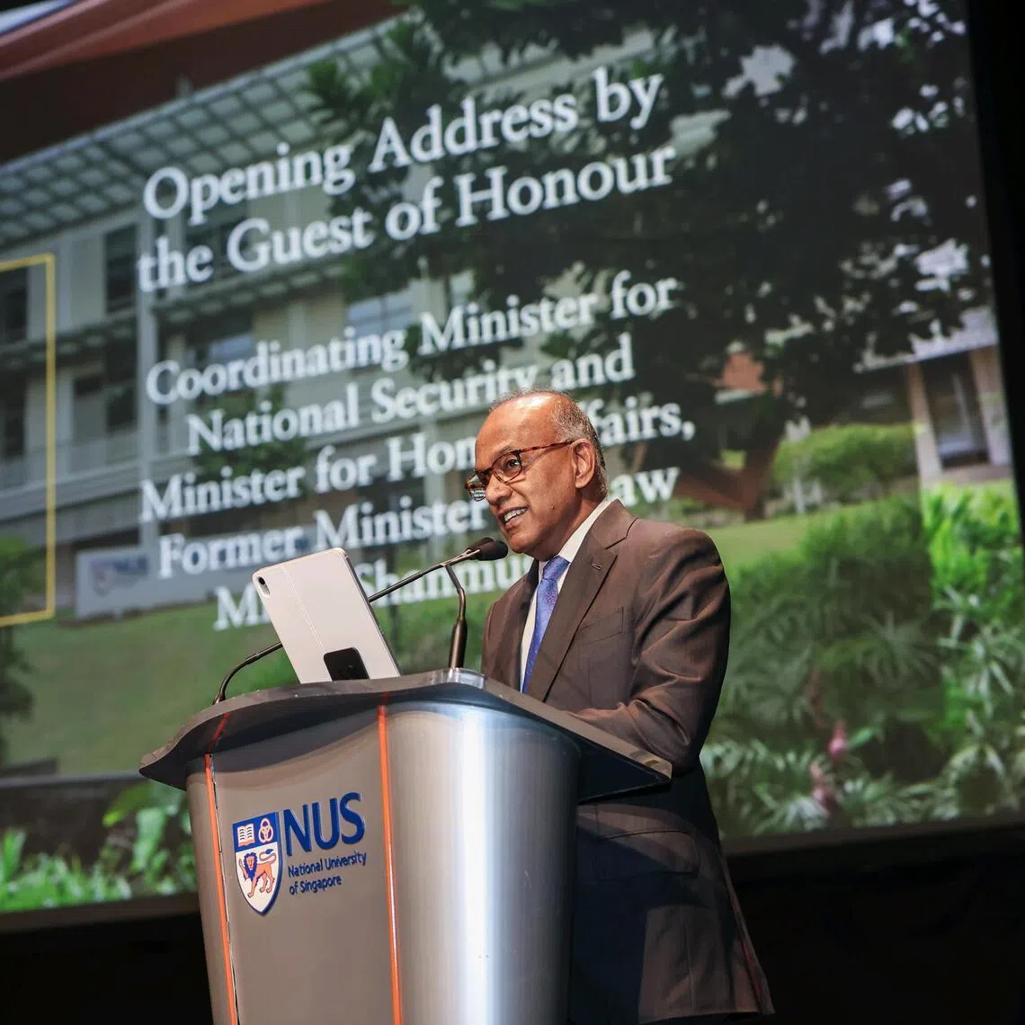 Coordinating Minister for National Security K. Shanmugam speaking at the National University of Singapore Law freshmen inauguration ceremony on July 26.