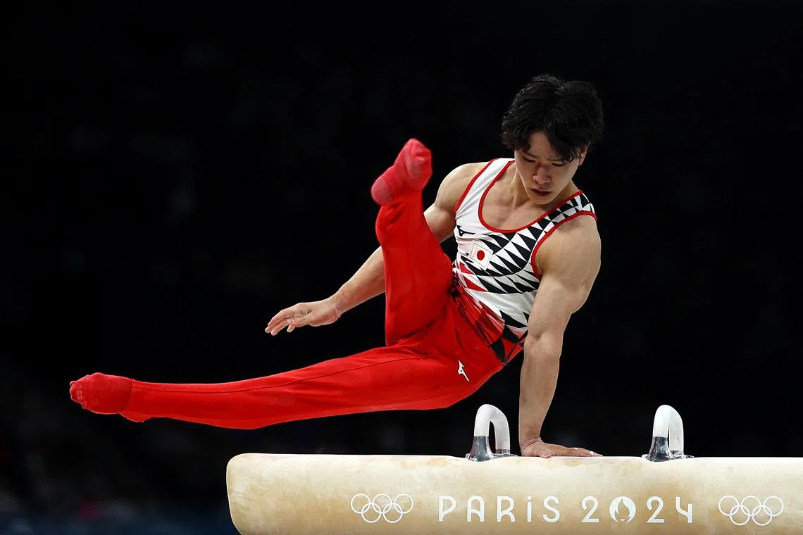 Paris 2024 Olympics - Artistic Gymnastics - Men's Qualification - Subdivision 2 - Bercy Arena, Paris, France - July 27, 2024. Shinnosuke Oka of Japan in action on the Pommel Horse. REUTERS/Hannah Mckay