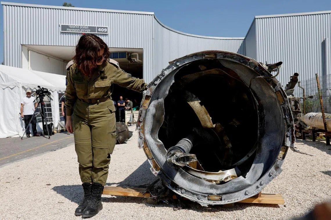 Israel's military displays what they say is an Iranian ballistic missile which they retrieved from the Dead Sea after Iran launched drones and missiles towards Israel, at Julis military base, in southern Israel April 16, 2024. REUTERS/Amir Cohen