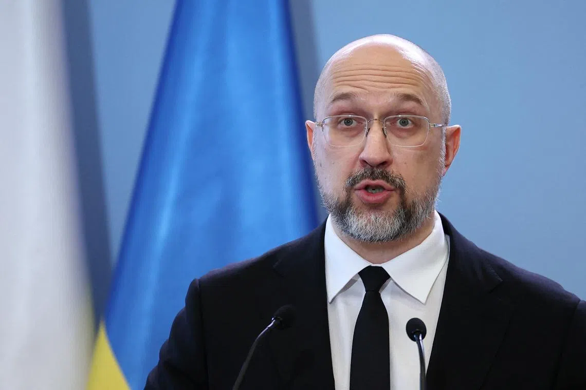 FILE PHOTO: Ukrainian Prime Minister Denys Shmyhal speaks during a joint press conference with Polish Prime Minister Donald Tusk (not pictured) in Warsaw, Poland, March 28, 2024. REUTERS/Kacper Pempel/File photo