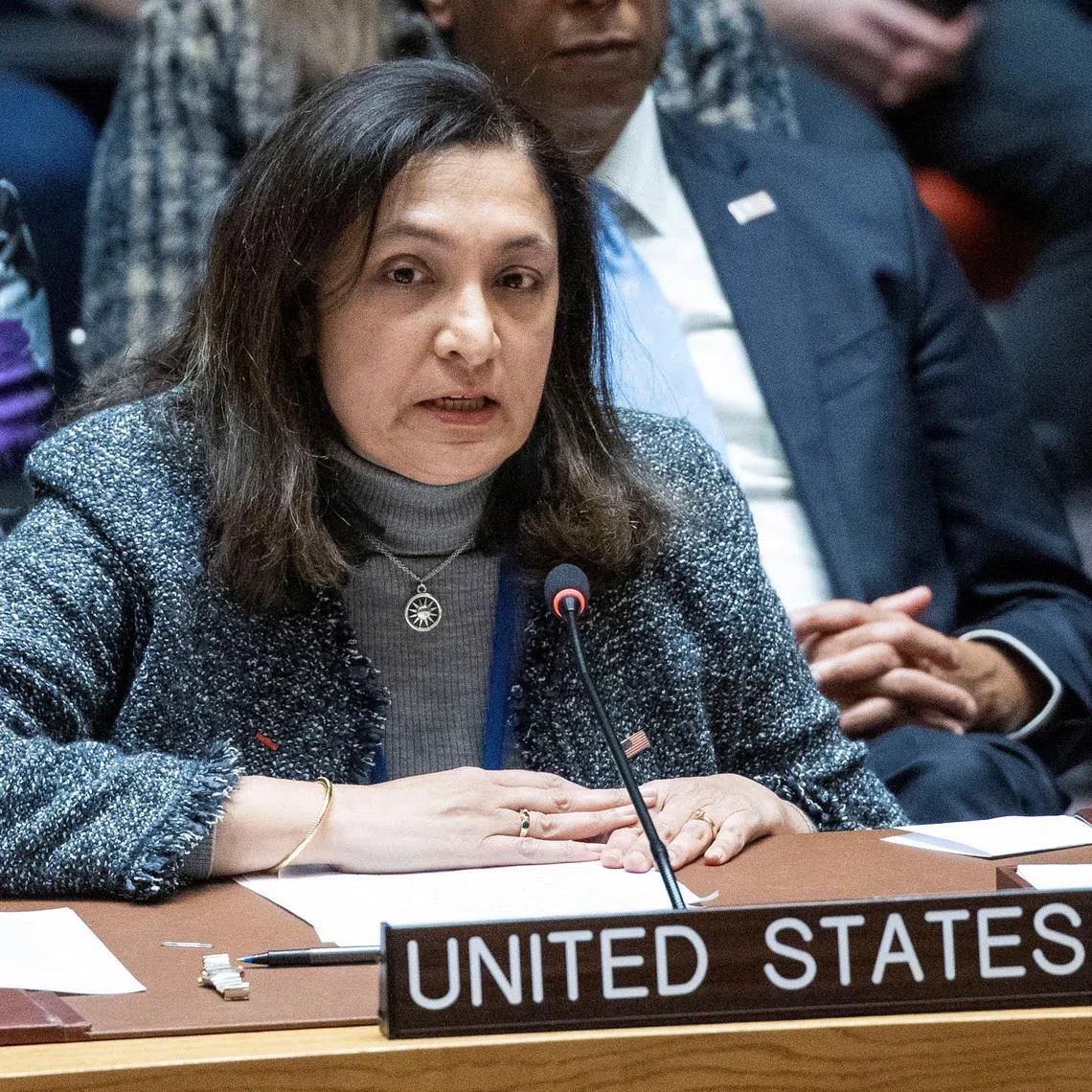 Uzra Zeya, U.S. Under Secretary of State for Civilian Security, Democracy, and Human Rights, speaks to delegates during a meeting of the United Nations Security Council on the crisis in the Gaza Strip, at the U.N. headquarters in New York, U.S., January 23, 2024.    REUTERS/Eduardo Munoz