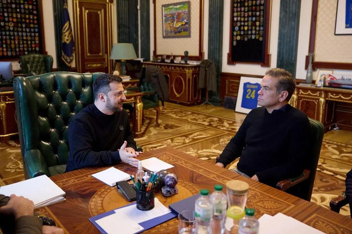 Ukraine's President Volodymyr Zelenskiy meets with Executive Chair and Chief Executive Officer of Fox Corporation Lachlan Murdoch, amid Russia's attack on Ukraine, in Kyiv, Ukraine, in this handout picture released November 20, 2023. Ukrainian Presidential Press Service/Handout via REUTERS