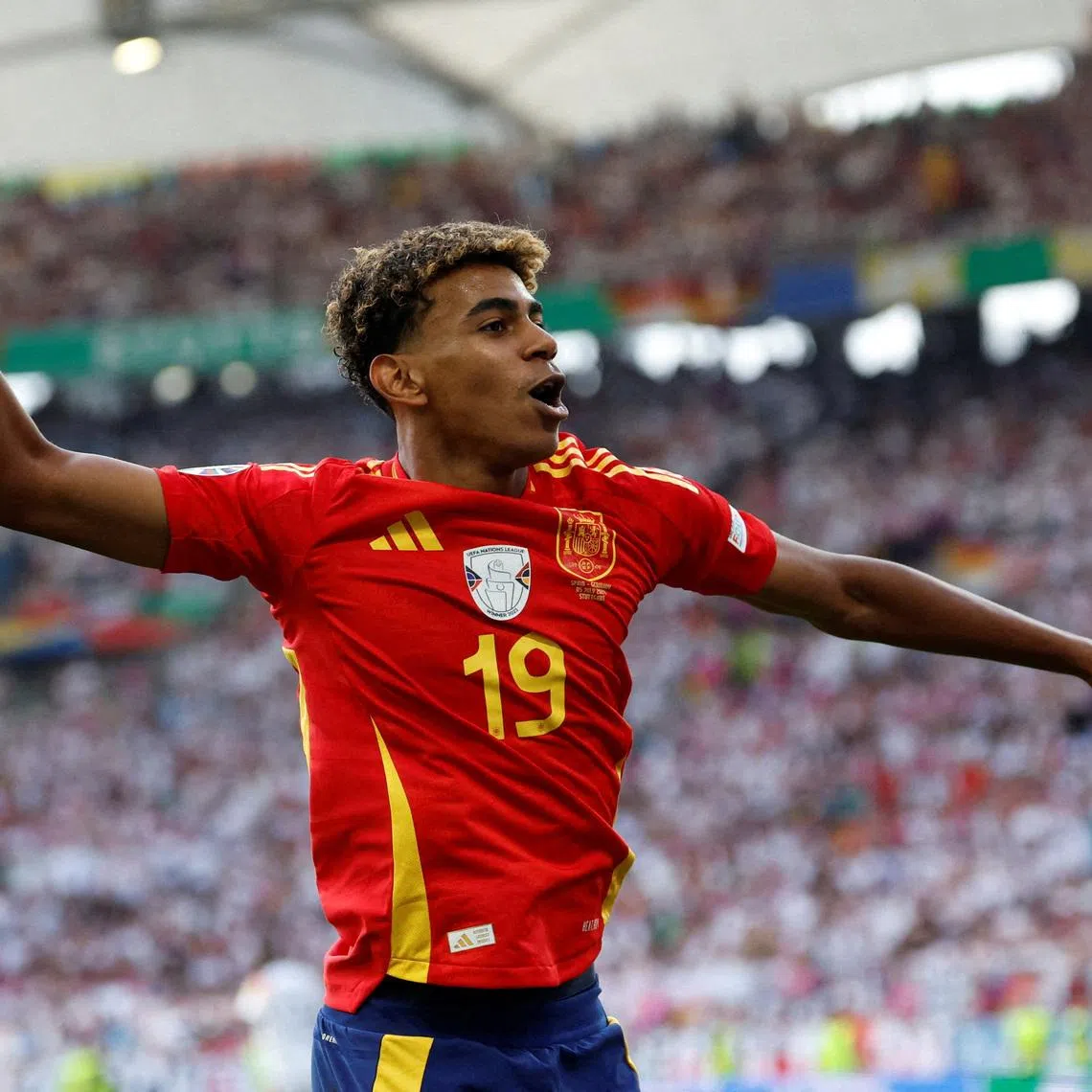 FILE PHOTO: Soccer Football - Euro 2024 - Quarter Final - Spain v Germany - Stuttgart Arena, Stuttgart, Germany - July 5, 2024 Spain's Lamine Yamal celebrates after Dani Olmo scores their first goal REUTERS/Heiko Becker/File Photo