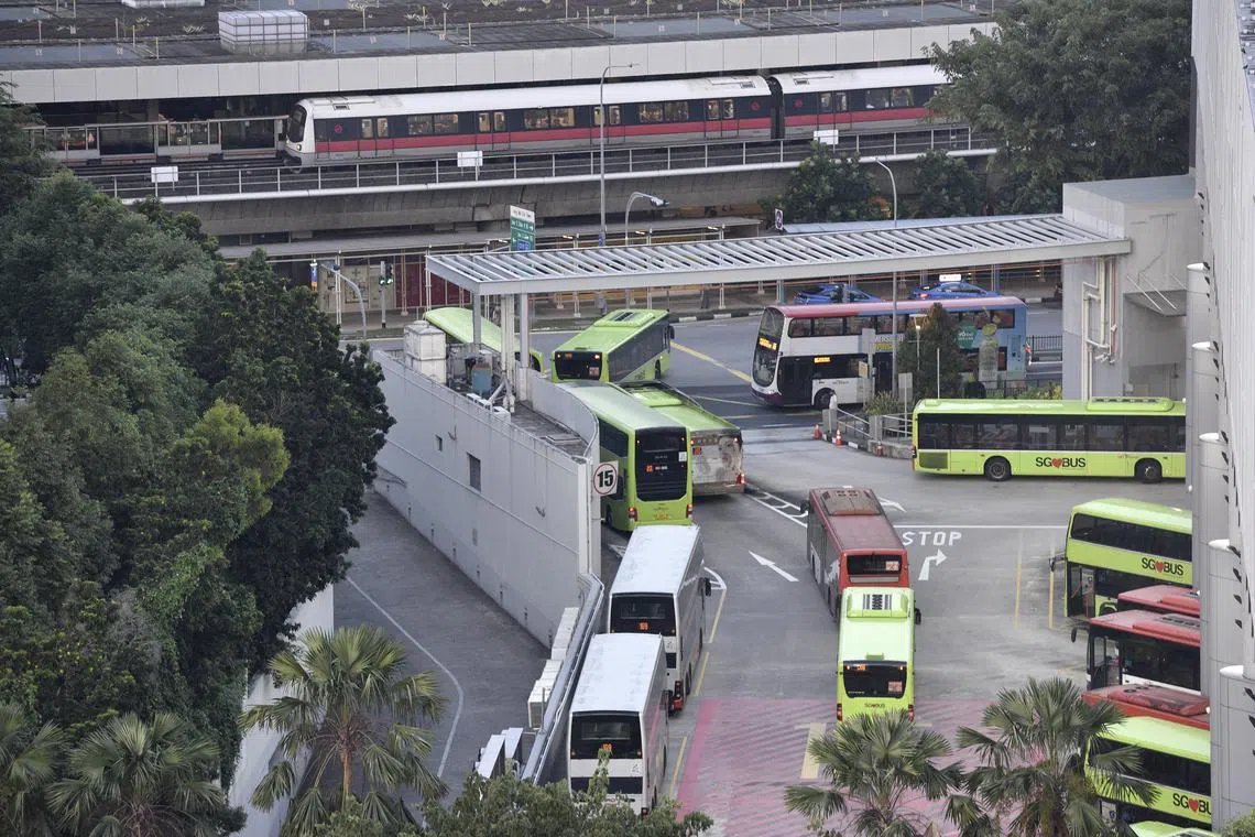 Public buses and MRT train at Ang Mo kio Hub and MRT station on 16 June 2021.
