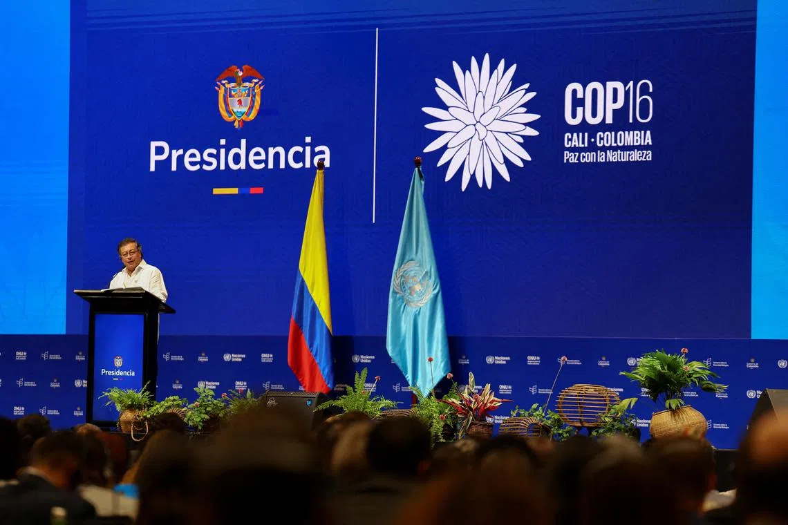 FILE PHOTO: Colombian President Gustavo Petro speaks at the opening of the 16th United Nations Biodiversity Summit in Cali, Colombia October 20, 2024. REUTERS/Luisa Gonzalez/File Photo
