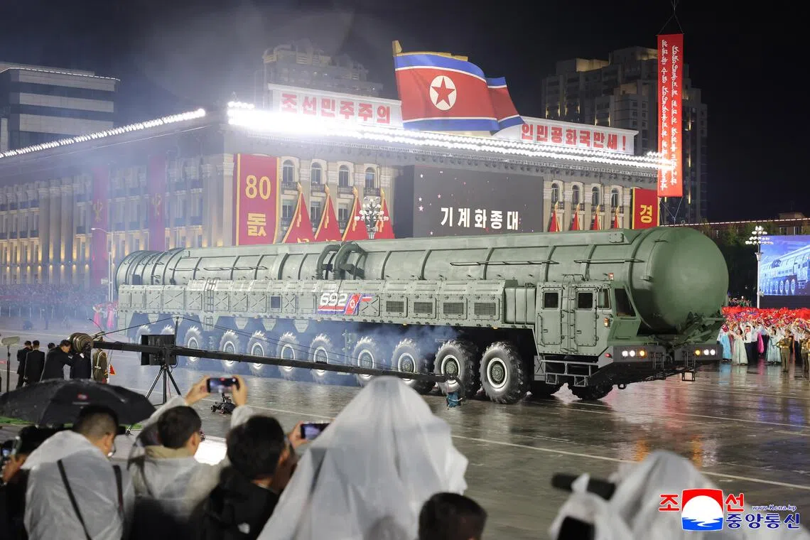 A new intercontinental ballistic missile (ICBM) during a military parade celebrating the 80th founding anniversary of the Workers' Party of Korea in Pyongyang, North Korea on Oct 10, 2025.  