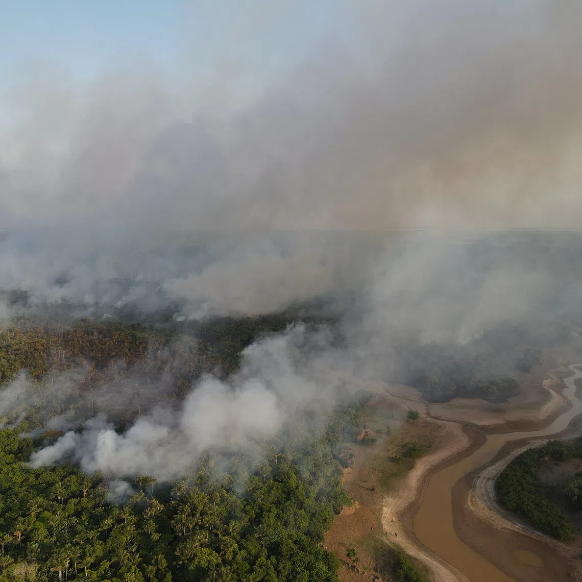 Smoke billows from a wildfire in the Amazon rainforest near a dry river in Iranduba, Amazonas state, Brazil September 25, 2023. REUTERS/Bruno Kelly