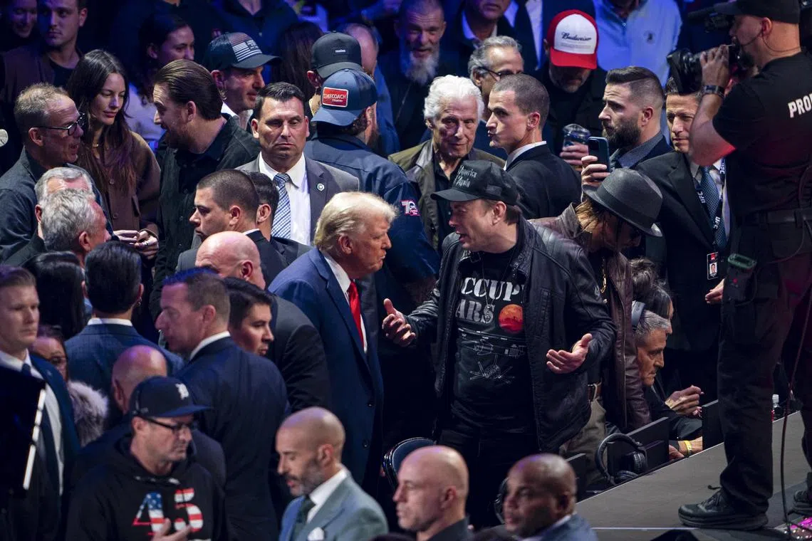 US President-elect Donald Trump (left) with Tesla and SpaceX CEO Elon Musk during UFC 309 at Madison Square Garden in New York on Nov 16.  