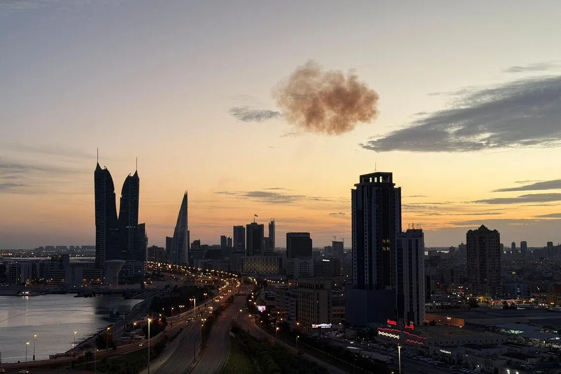 Smoke rising after an Iranian drone was intercepted over the Bahrain Financial Harbour, which houses the Israeli embassy, on March 6.