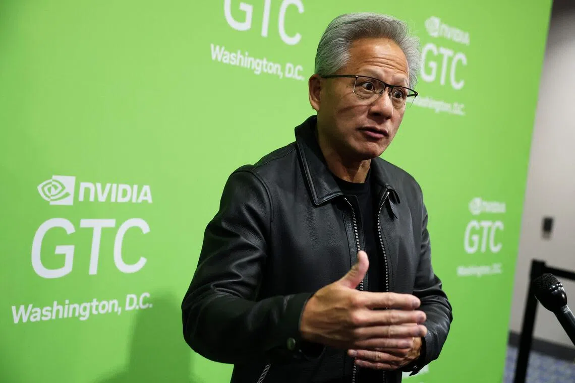 Nvidia president and CEO Jensen Huang speaking to the media during the Nvidia GTC (GPU Technology Conference) on Oct 28, in Washington, DC.