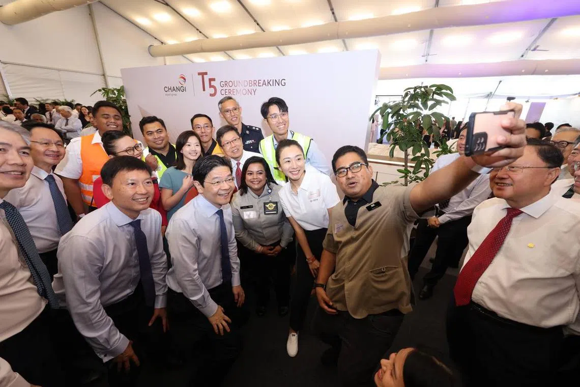 Prime Minister Lawrence Wong (centre) at the T5 ground-breaking ceremony on May 14.