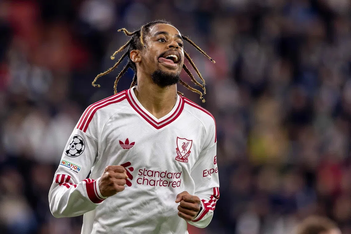 Liverpool’s French midfielder Bradley Barcola celebrates scoring their third goal against LASK during the UEFA Champions League match on Oct 14.