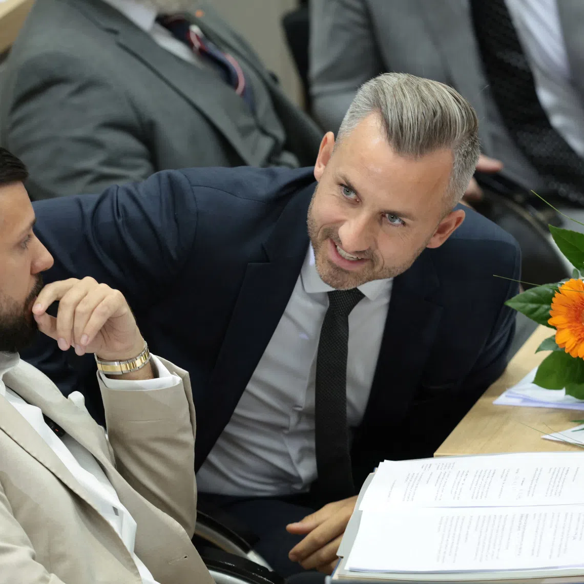 The main candidate of the far-right Alternative for Germany (AfD) party in the Saxony-Anhalt state election Ulrich Siegmund (R) talks with Tobias Rausch of the far-right Alternative for Germany (AfD) party after Rausch was elected president of the parliament during a session at the State Parliament in Magdeburg, Germany, October 6, 2026. Ronny Hartmann/Pool via REUTERS
