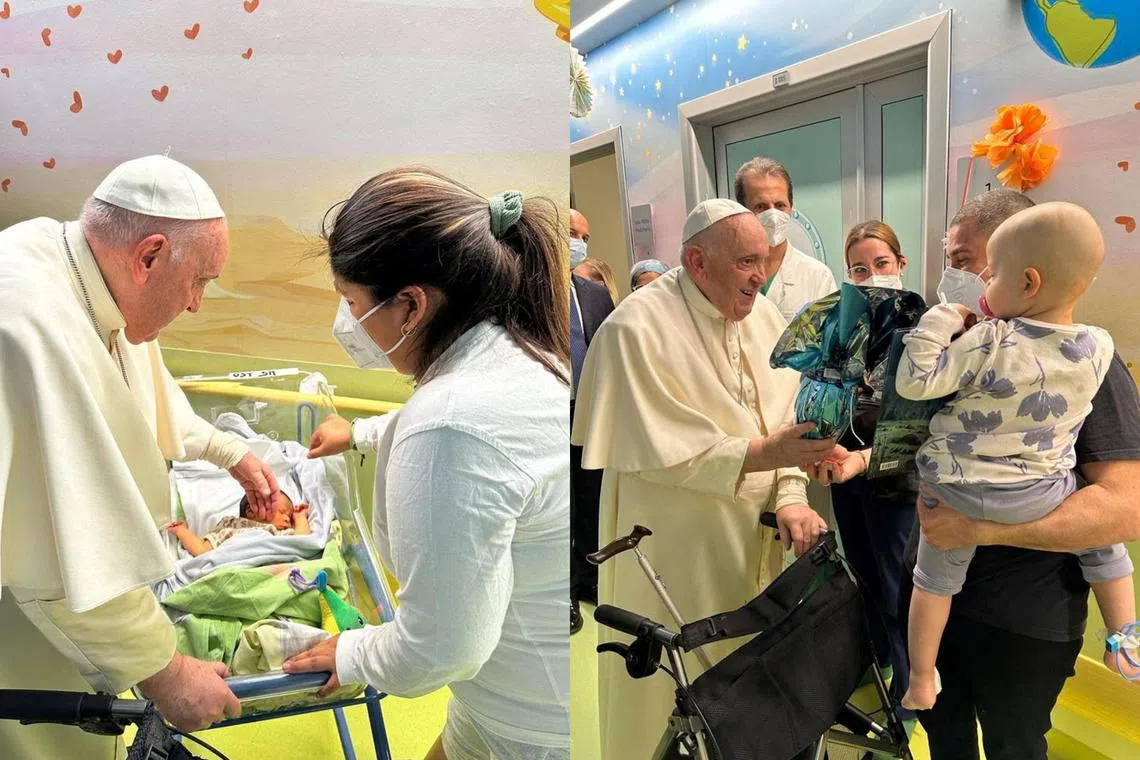 A video of the pope in hospital was released, showing him baptising a baby and handing an Easter egg to a young child.