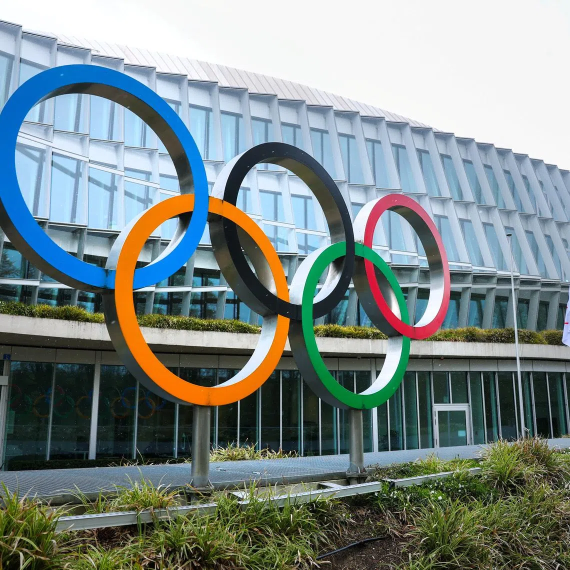 Olympic rings are pictured outside the International Olympic Committee (IOC) during an Executive Board meeting at the Olympic House in Lausanne, Switzerland, March 26, 2026. REUTERS/Denis Balibouse