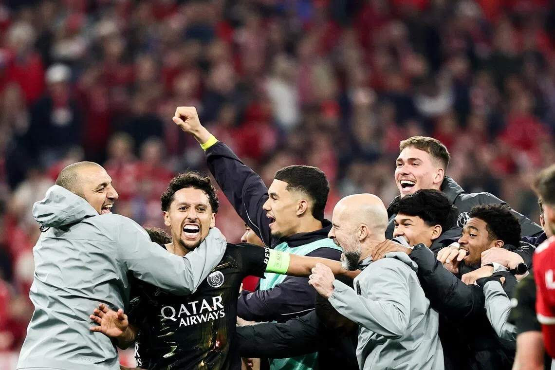 PSG players celebrate reaching the Champions League final, after drawing 1-1 at Bayern Munich and going through with a 6-5 aggregate victory.