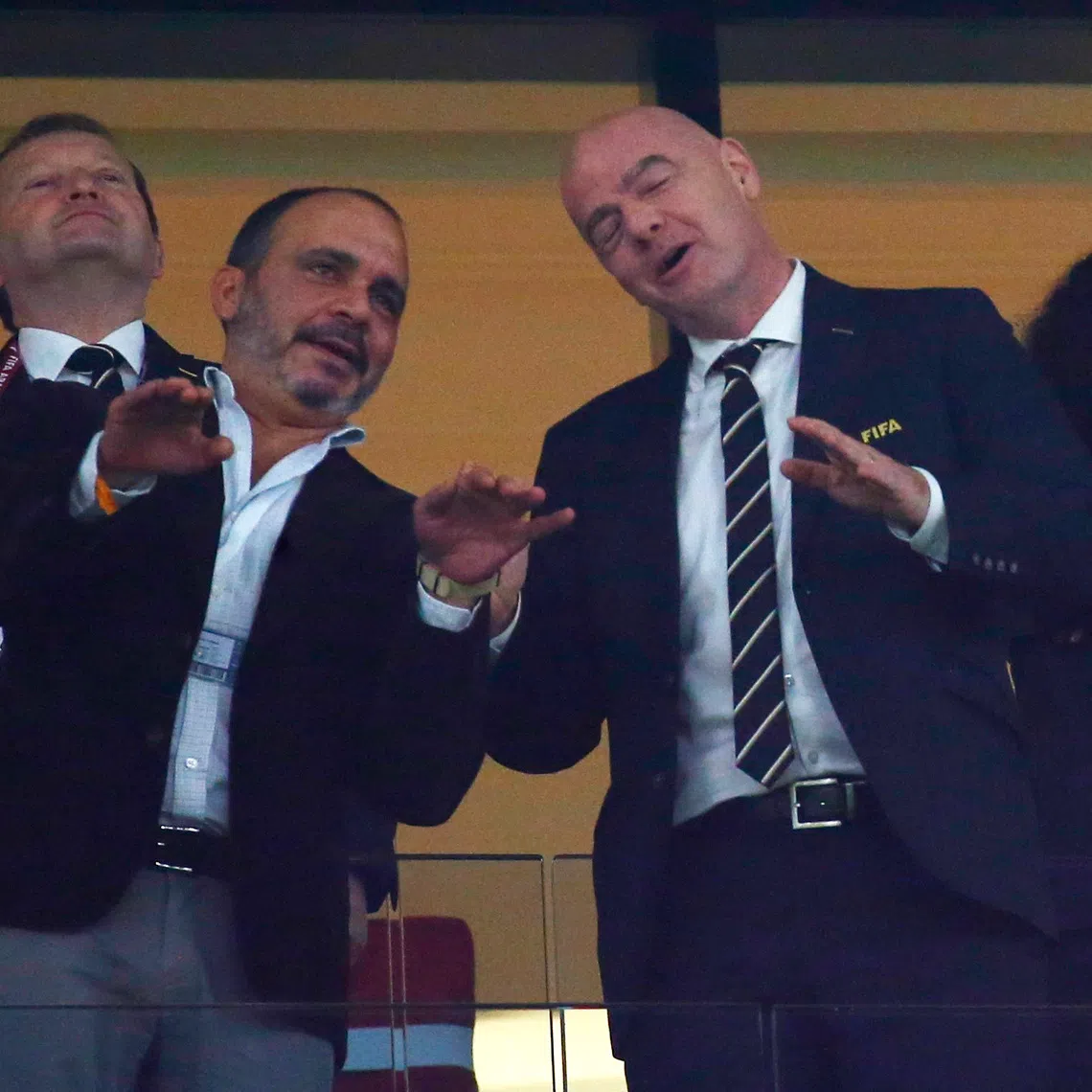 FILE PHOTO: Soccer Football - Arab Cup - Group C - Saudi Arabia v Jordan - Education City Stadium, Al Rayyan, Qatar - December 1, 2021  Prince Ali bin Hussein the President of Jordan football association is seen with FIFA President Gianni Infantino in the stands REUTERS/Amr Abdallah Dalsh/File Photo