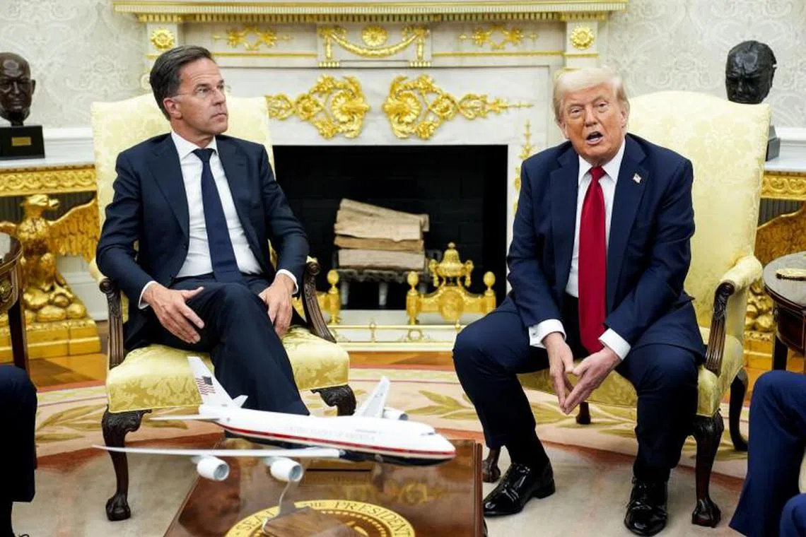 US President Donald Trump, right, and Mark Rutte, secretary general of the North Atlantic Treaty Organization (NATO), during a meeting in the Oval Office of the White House in Washington, DC, US, on Monday, July 14, 2025. Trump said the US will send more weapons to Ukraine, signaling his growing impatience as Russia ignores his demands for a ceasefire and steps up its military campaign. Photographer: Yuri Gripas/Abaca/Bloomberg