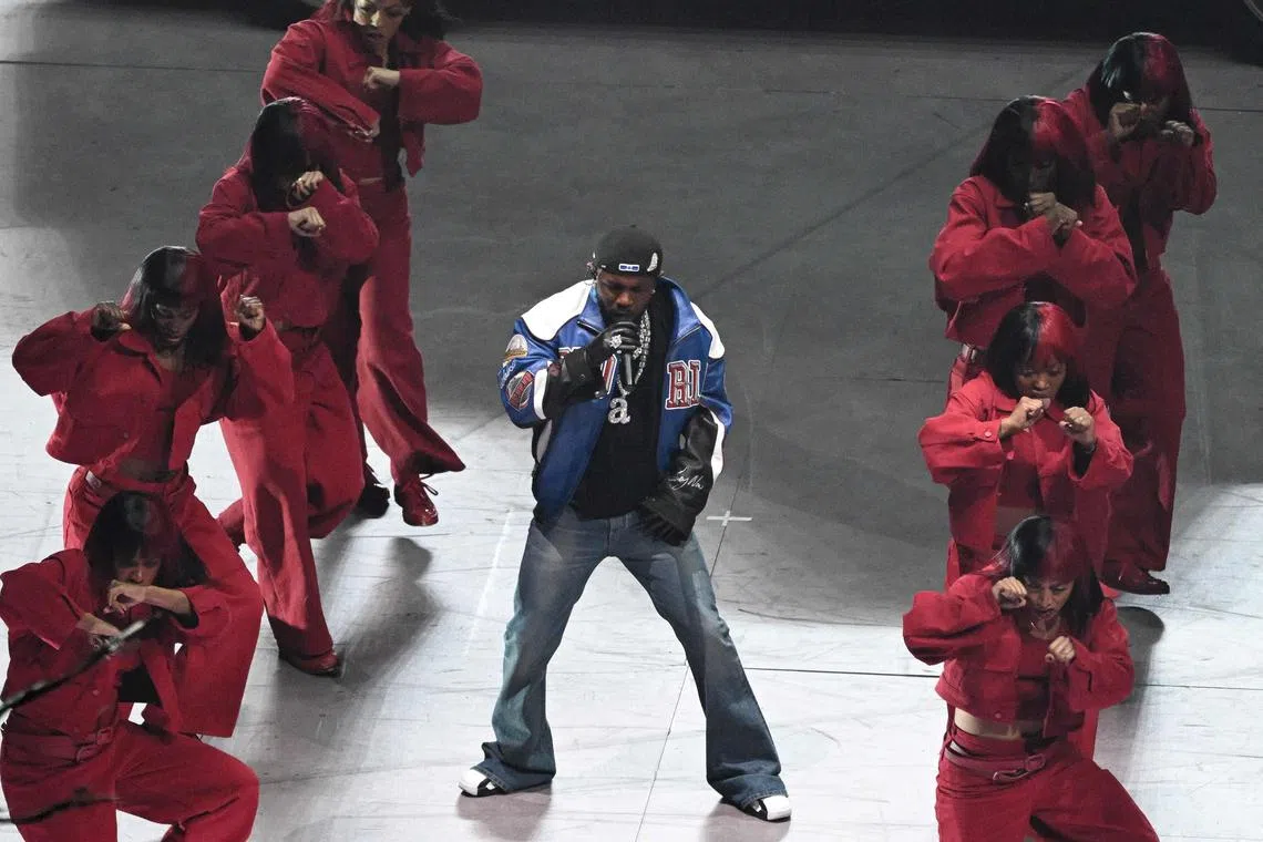 US rapper Kendrick Lamar performs during Super Bowl LIX Chiefs vs Eagles Apple Music Halftime Show at Caesars Superdome in New Orleans, Louisiana, February 9, 2025. (Photo by Chandan Khanna / AFP)